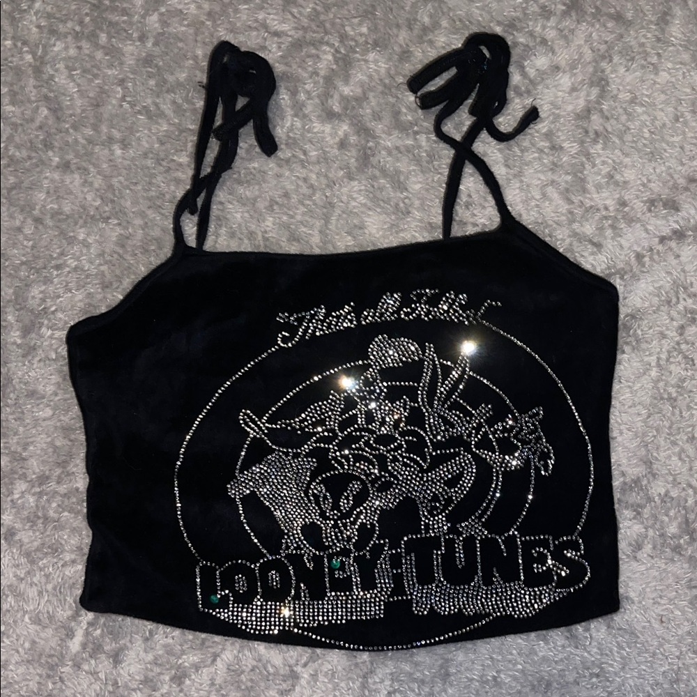Dolls Kill x Looney Tunes Double‑Tie Rhinestone Halter Top – Size S